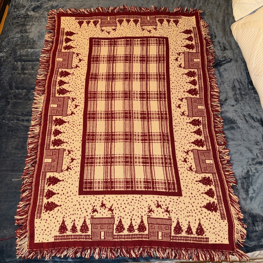 Crate Barrel table runner Red White Fringed House Tree Motif Belgian Cott 2 Side